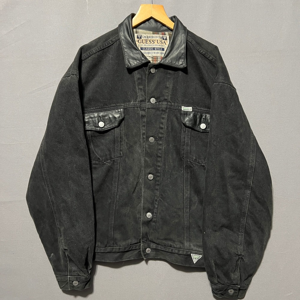 Vintage Guess USA Georges Marciano Black Denim Jacket Leather Trim Plaid XL